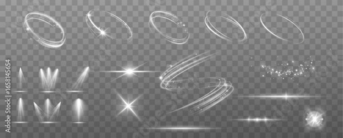 Light effects.Wind glare, explosions, shine, dust, lines, solar flares, sparks, sequins, stars, curved curls. Glow special effect of light	
