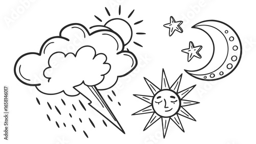 Hand drawn weather elements including sun moon stars and storm