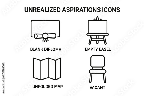 Unrealized Aspirations Concept Icons Set. Outline Vector Icons of Blank Diploma, Empty Easel, Unfolded Map, Vacant Chair. Lost Dreams, Missed Goals, Unfulfilled Potential, Career Hopes