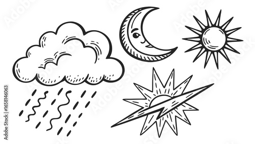 Hand drawn weather icons including sun moon cloud and lightning bolt