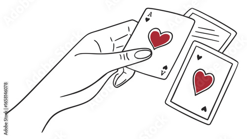 Hand holding ace of hearts playing card with other cards