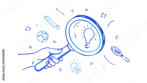 Hand holding magnifying glass over a glowing lightbulb with surrounding icons