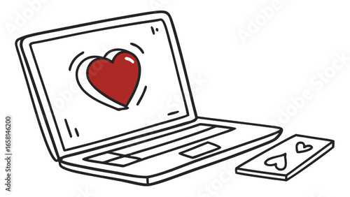Laptop displaying a heart next to a phone with hearts