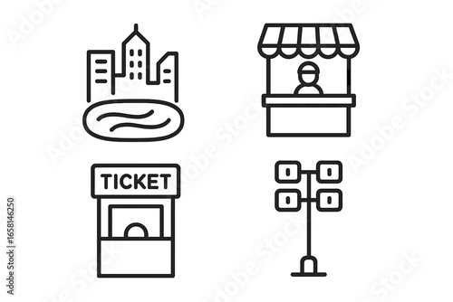 Outdoor Urban Ice Rink Feature Icons Set. City Skyline, Vendor Stall, Ticket Booth, Stadium Floodlights. Winter Sports, Recreation Facilities, Urban Park Amenities. Outline Vector Illustration
