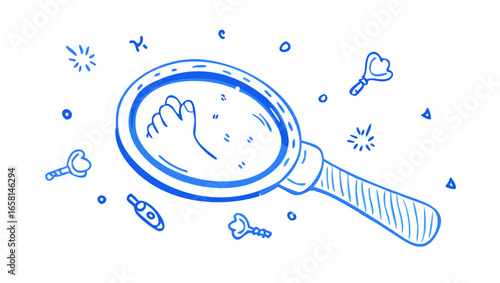 Magnifying glass reveals a hand and scattered keys on a dark background