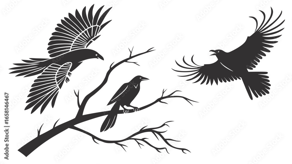Fototapeta premium Silhouettes of crows in flight and perched on a branch