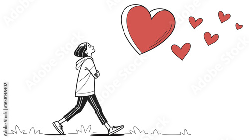 Person walking towards a large red heart with smaller hearts floating