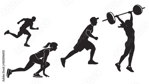 Silhouettes of athletes engaged in various fitness activities