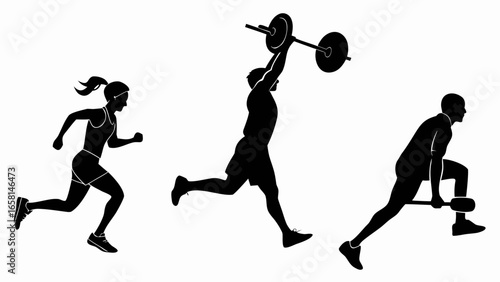 Silhouettes of people exercising with weights and running