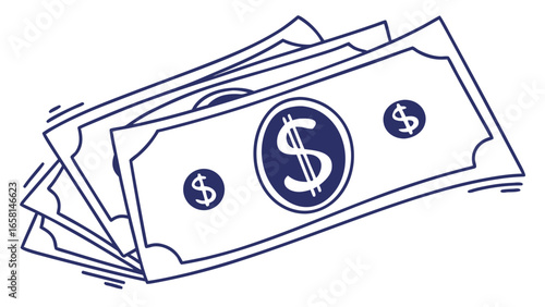 Stylized illustration of us dollar bills with dollar signs