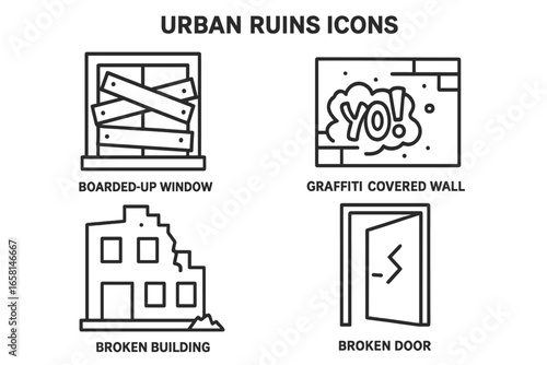 Urban ruins icon set vector. Outline illustration of urban decay, abandoned buildings, broken window, graffiti wall, vandalism, deserted structures, damaged door, city waste, derelict architecture.