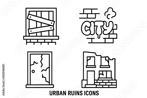 Urban ruins vector icon set. Abandoned structures, decayed cityscape, boarded-up window, graffiti wall, broken door, derelict building, destruction, urban decay, outline illustration for stock design