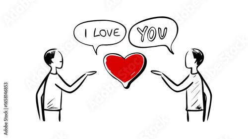 Two stick figures sharing a red heart with i love you text