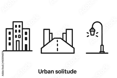 Urban solitude city skyline icons with single lit window, empty street and lone streetlamp outline vector set, minimalist urban night scene, isolated transparent background