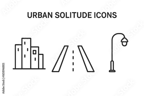 Urban solitude icons set with city skyline, one lit window, empty street and lone streetlamp, outline vector illustration on transparent background for modern city themes