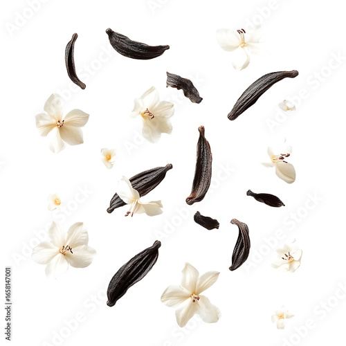Elegant Vanilla Pods and Flowers Falling Gracefully