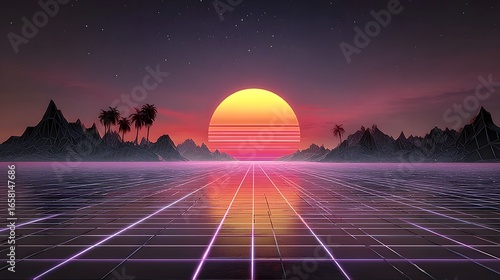 Minimalist, retro-futuristic 80s style scene. glowing purple grid floor extends into a dark horizon, underneath a solid-colored magenta toned sky.