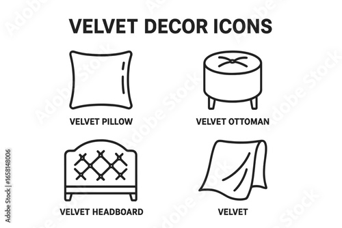 Velvet Home Decor Outline Icon Set. Modern vector illustration of velvet pillow, ottoman, headboard, fabric. Luxury interior accents, soft furniture, trendy living room decor. Transparent background.