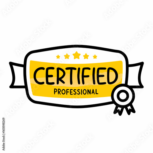 Certified professional badge with ribbon and stars on white background  