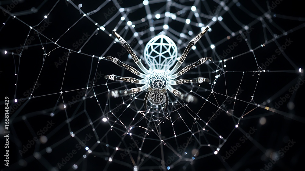 Fototapeta premium Ethereal Spider Web - Intricate Design with Luminous Details, Concept Art for Halloween and Fantasy Illustrations, Dark Background.