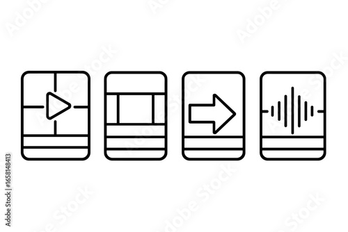 Video Editing Icons Outline Set for Video Editor with Timeline Playhead Marker, Clip Segment, Transition Arrow, Audio Wave – Modern Vector Design for Digital Creators