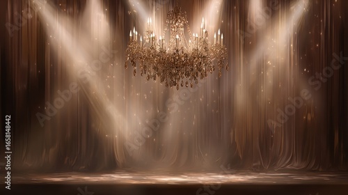 A large, ornate chandelier hangs center stage, illuminated by spotlights against a rich brown curtain backdrop.  Dust motes dance in the beams