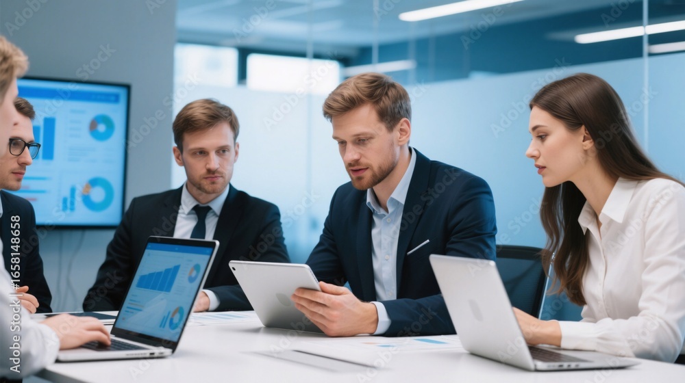 Team of professionals analyzing data on tablet dashboard in a meeting. Concept of data-driven business intelligence, corporate strategy and teamwork. Team of professionals analyzing data on tablet dashboard in a meeting. Concept of data-driven business intelligence, corporate strategy and teamwork.