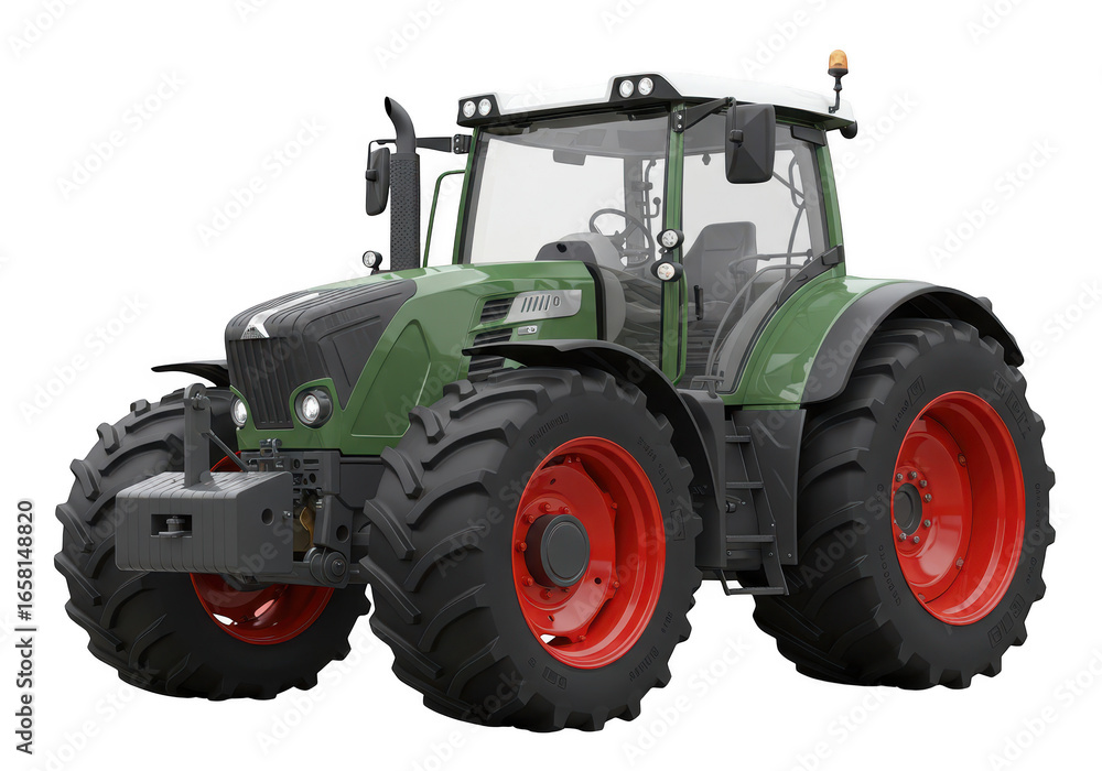 Obraz premium A powerful green fendt tractor with red wheels, isolated on a transparent background, representing modern agricultural machinery and farming