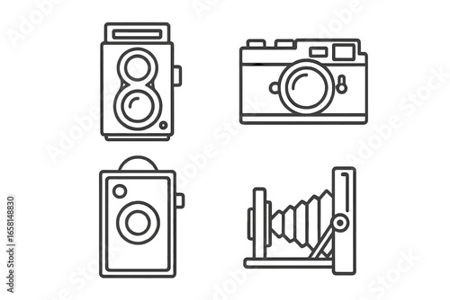 Outline icon set of vintage cameras, twin-lens reflex, rangefinder, box camera, folding camera, retro photo equipment, analog photography, collectible old film cameras, vector illustration