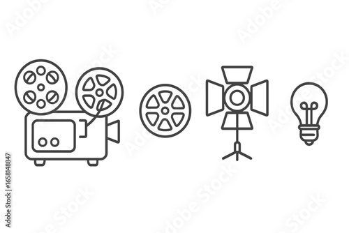Vintage Film Equipment Icons Set. Outline Vector Collection of Classic Film Projector, Reel, Studio Spotlight, and Light Bulb. Cinematic Movie Production Technology, Retro Cinema Design Elements