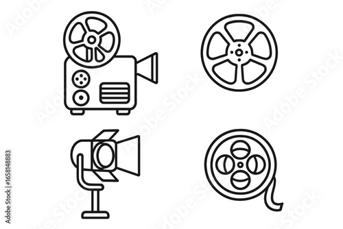 Vintage Movie Production Equipment Set. Outline vector icons of retro film projector, film reels, spotlight lamp. Classic cinema technology, filmmaking, entertainment, motion picture, studio tools.