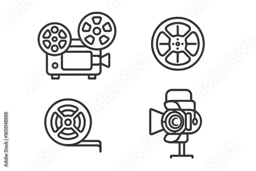 Vintage film equipment outline icon set for movie production, film projector, reel-to-reel tape, video camera, cinematography lamp. Retro cinema vector illustration. Classic filmmaking tools concept.