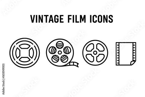 Vintage film icons set. Outline vector illustration of retro movie reel, metal canister, film leader strip, spooled film hub. Classic cinema equipment, film industry symbols, graphic resources