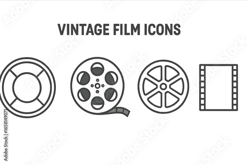 Vintage film icons set. Outline vector illustration of classic movie reel, film canister, spooled film reel, cinema reel hub, film leader strip. Retro cinematography objects, movie equipment concept.