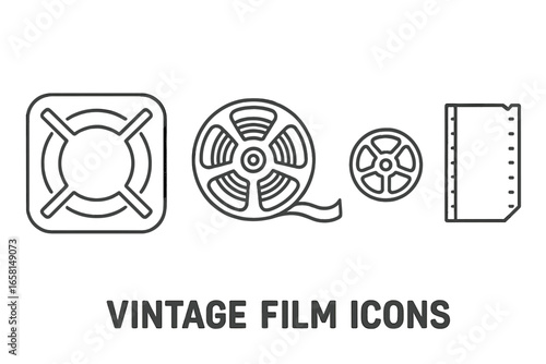 Vintage film reel and canister vector icons set. Outline retro movie film can, spooled reel, reel hub, and film leader. Cinematic memorabilia, analog media, nostalgia, outline style illustration.