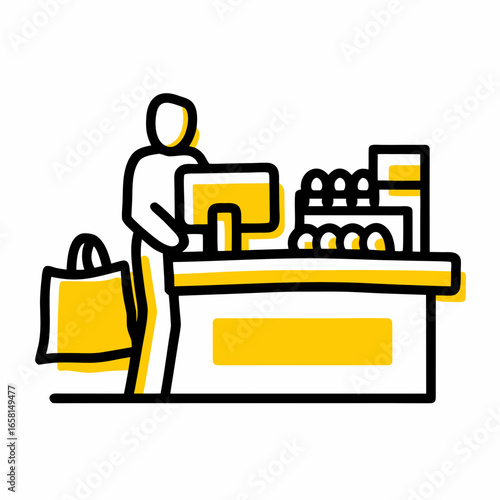 Person checking out groceries at a cash register with yellow accents  