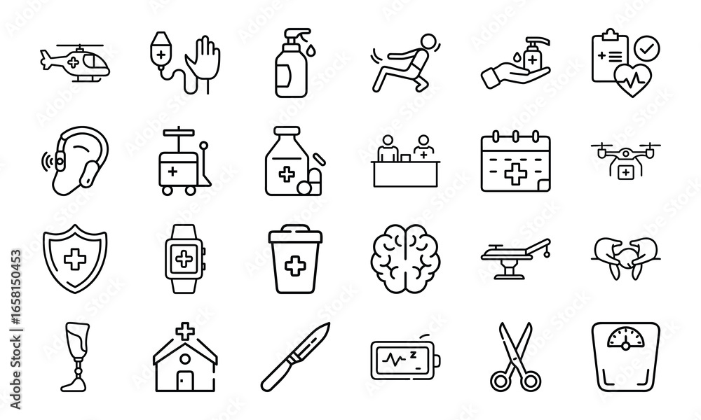 Fototapeta premium Medical Healthcare Line Icons Bundle Hospital Equipment, Doctor Tools, Patient Care, Emergency Services, Surgery, Pharmacy, First Aid, and Medicine Vector Pack