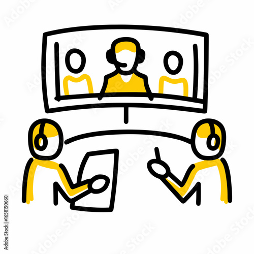 Two people video conferencing with remote participant on screen  