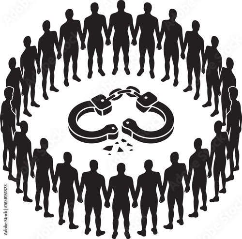 Breaking Free From Societal Chains Circle of People with Broken Handcuffs Vector Image