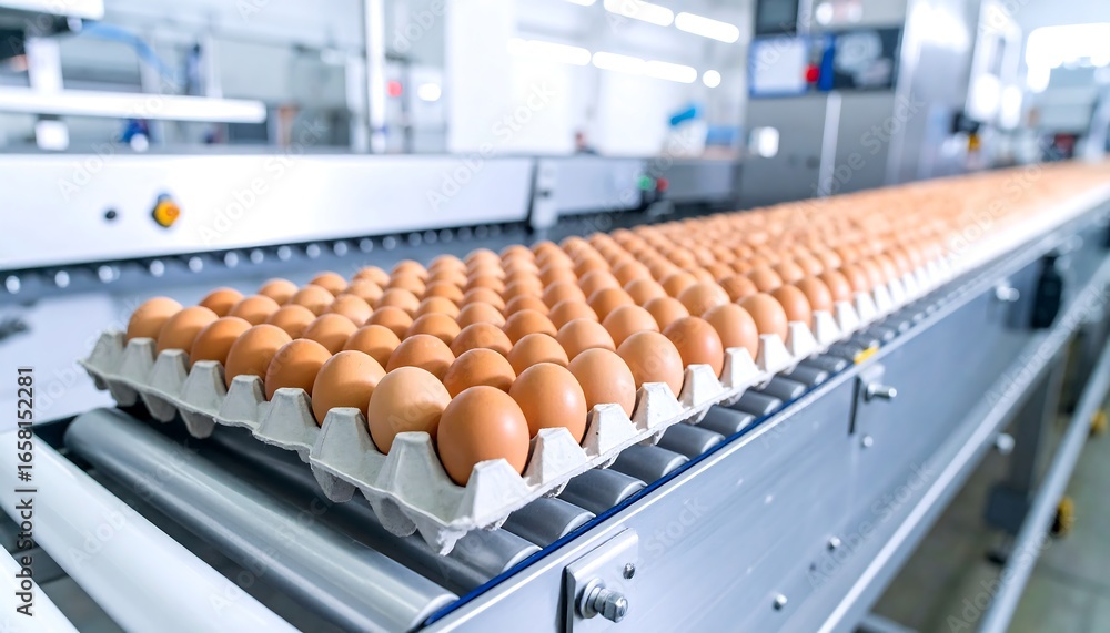 Obraz premium Fresh Eggs on a Conveyor Belt in a Modern Food Processing Facility