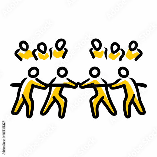 Group of stick figures engaging in a tug of war competition  