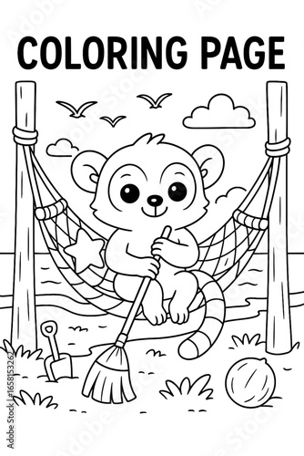 Cute monkey relaxing in a hammock at the beach coloring page for kids