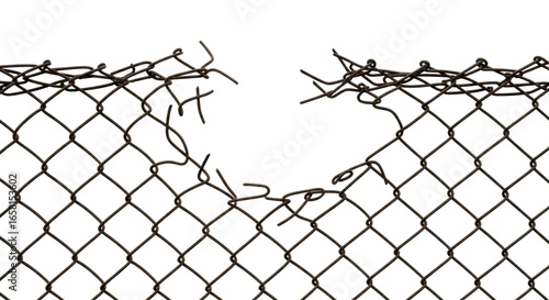 Broken metal chain link fence shows vulnerability, security breach, or need for repair concept design