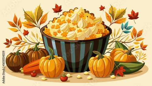 Fresh popcorn in black ceramic bowl with autumn pumpkins and fall leaves creating seasonal Halloween or Thanksgiving mood on white background