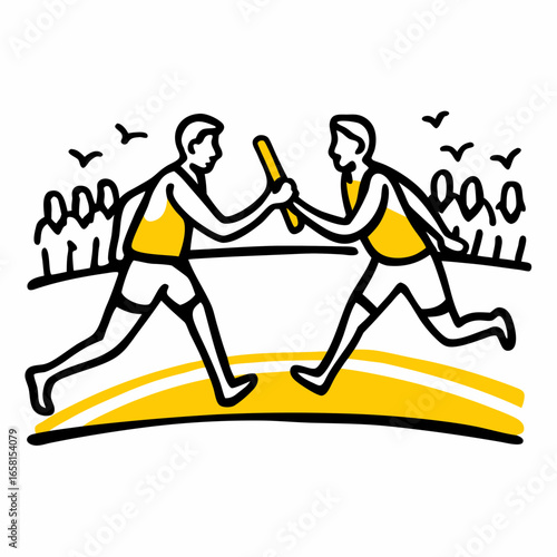 Two athletes exchanging baton during relay race in stadium  