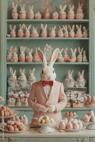 Rabbit pâtissier preparing easter eggs and cakes in pastry shop