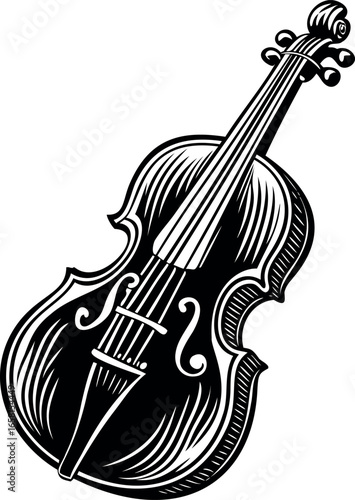 Elegant monochrome engraving of a classic violin instrument on white background