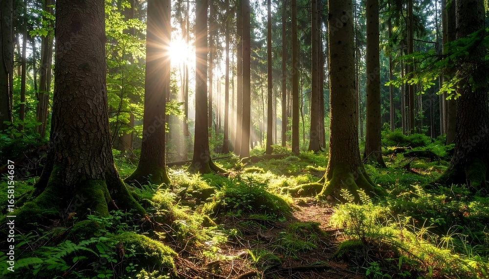 Naklejka premium Sunlight filtering through a dense forest (1)