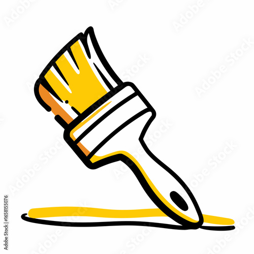 Paintbrush laying on yellow paint stroke in abstract style  