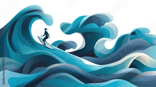 Stylized illustration of a surfer riding large, dynamic ocean waves, depicted in shades of blue with a paper-cut or layered effect